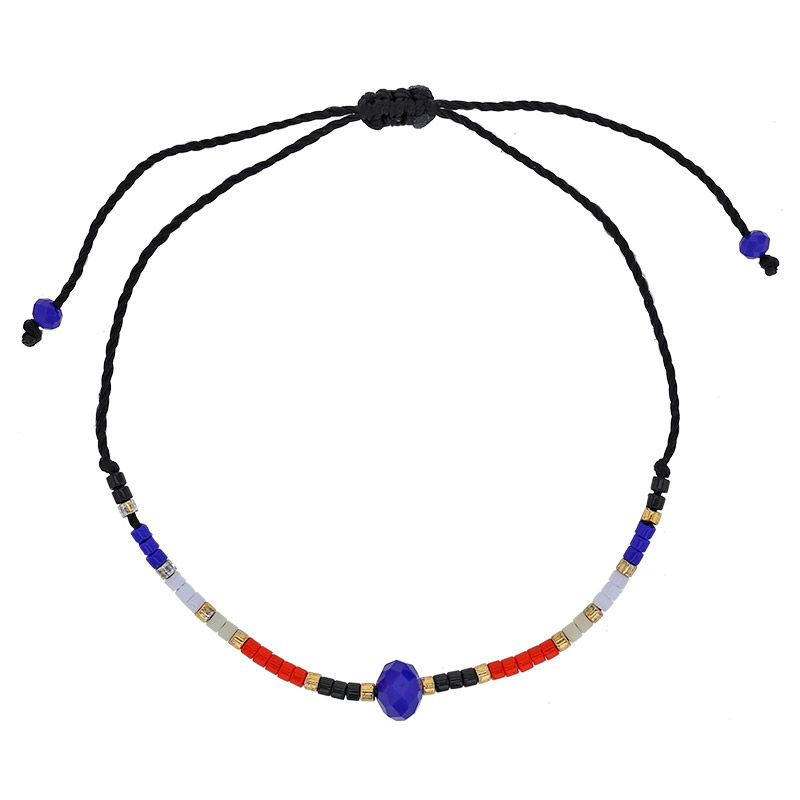 Bracelet réglable cordon nylon noir et perles de verre Miyuki et cristal bleu