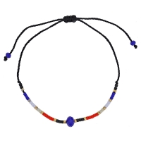 Bracelet réglable cordon nylon noir et perles de verre Miyuki et cristal bleu