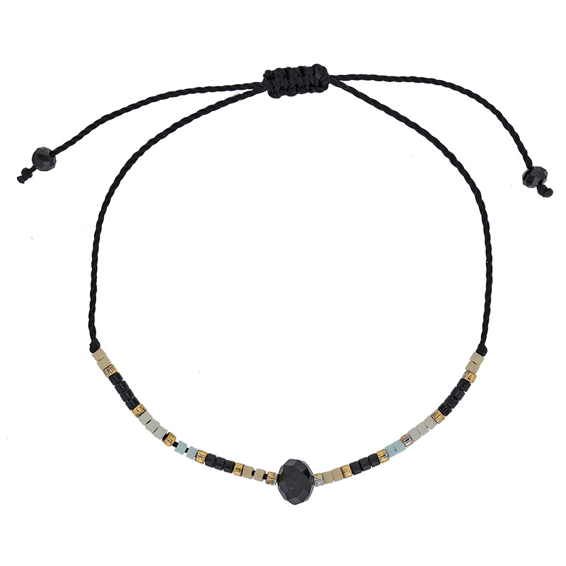 Bracelet réglable cordon nylon noir et perles de verre Miyuki et cristal noir