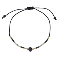 Bracelet réglable cordon nylon noir et perles de verre Miyuki et cristal noir