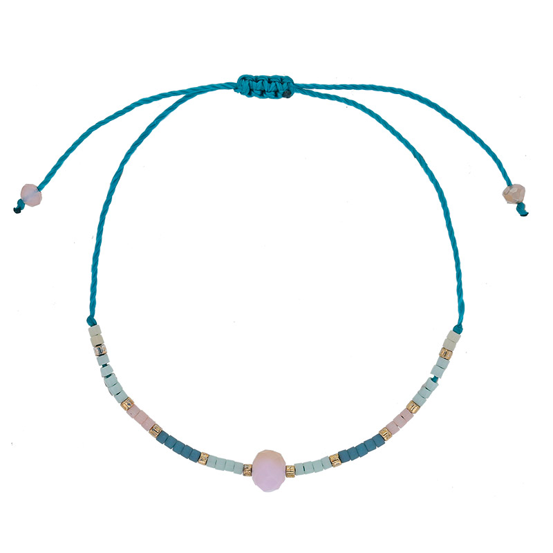 Bracelet réglable cordon nylon turquoise et perles de verre Miyuki et cristal