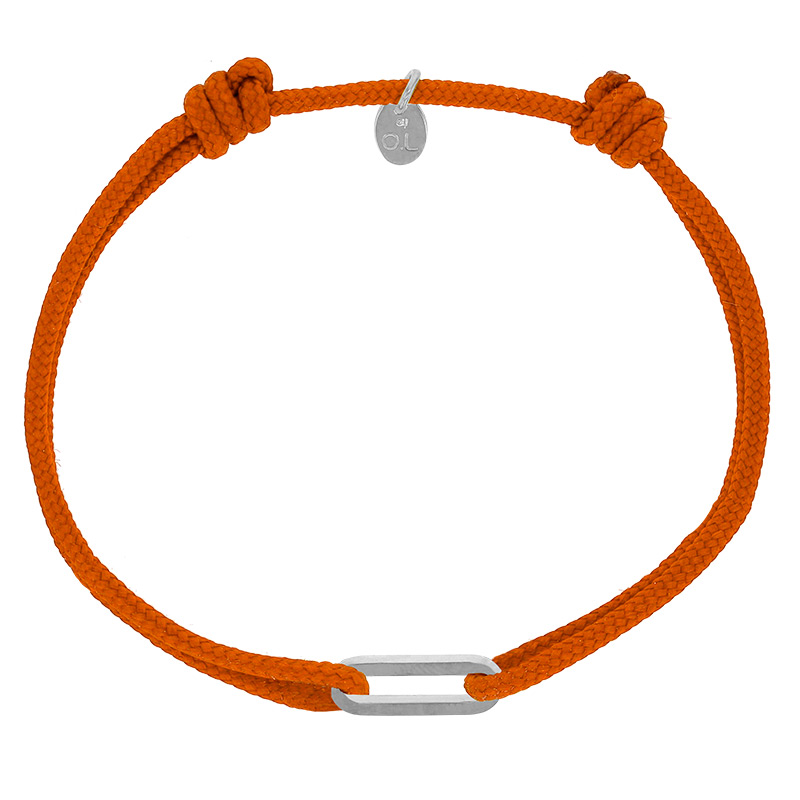 Bracelet réglable cordon orange, anneau Figaro taille S en argent 925/1000 rhodié
