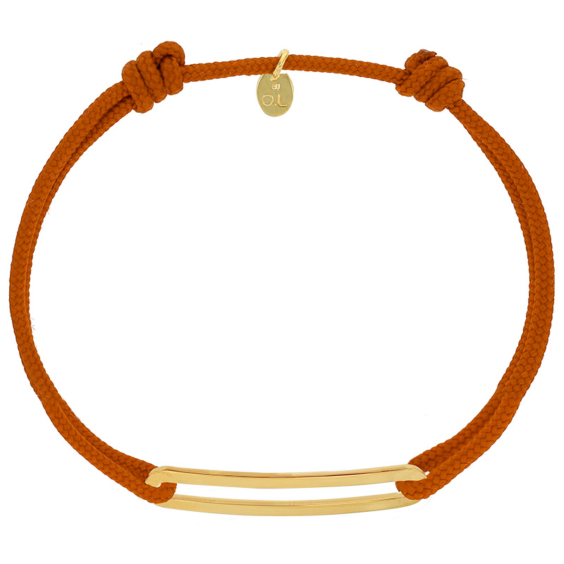 Bracelet réglable cordon orange, anneau Figaro taille XL en argent 925/1000 rhodié