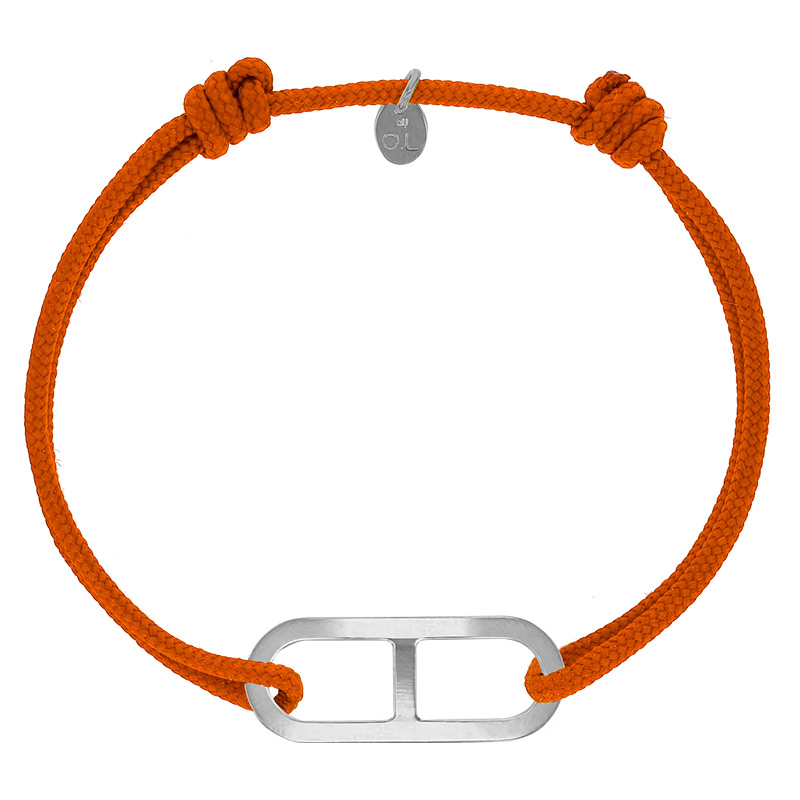 Bracelet réglable cordon orange, anneau Gaby taille L en argent 925/1000 rhodié