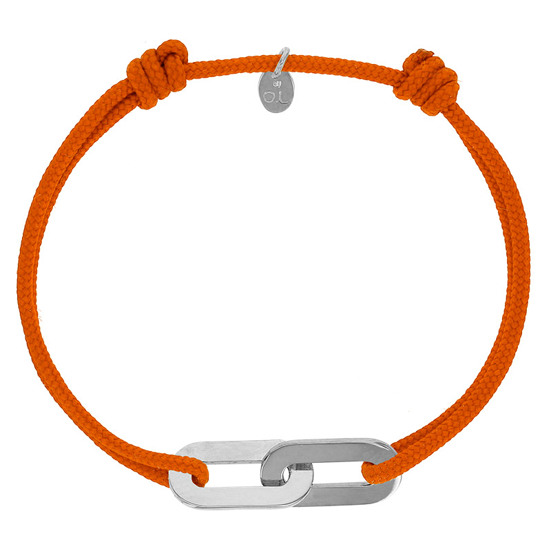 Bracelet réglable cordon orange, anneau Jean-Jean en argent 925/1000 rhodié