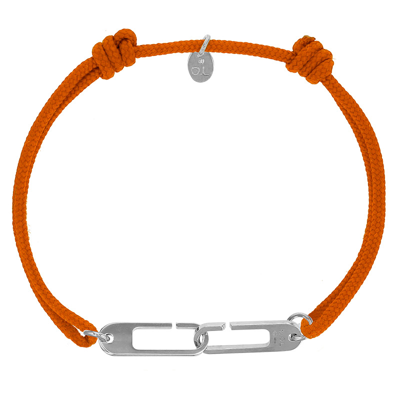 Bracelet réglable cordon orange, anneau Osmose taille L en argent 925/1000 rhodié
