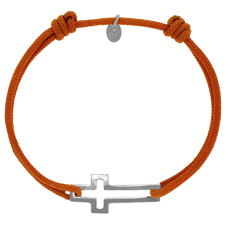 Bracelet réglable cordon orange, anneau St James en argent 925/1000 rhodié