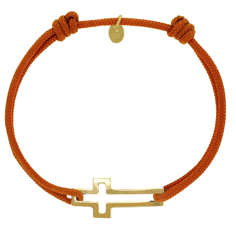 Bracelet réglable cordon orange, anneau St James en argent 925/1000 rhodié