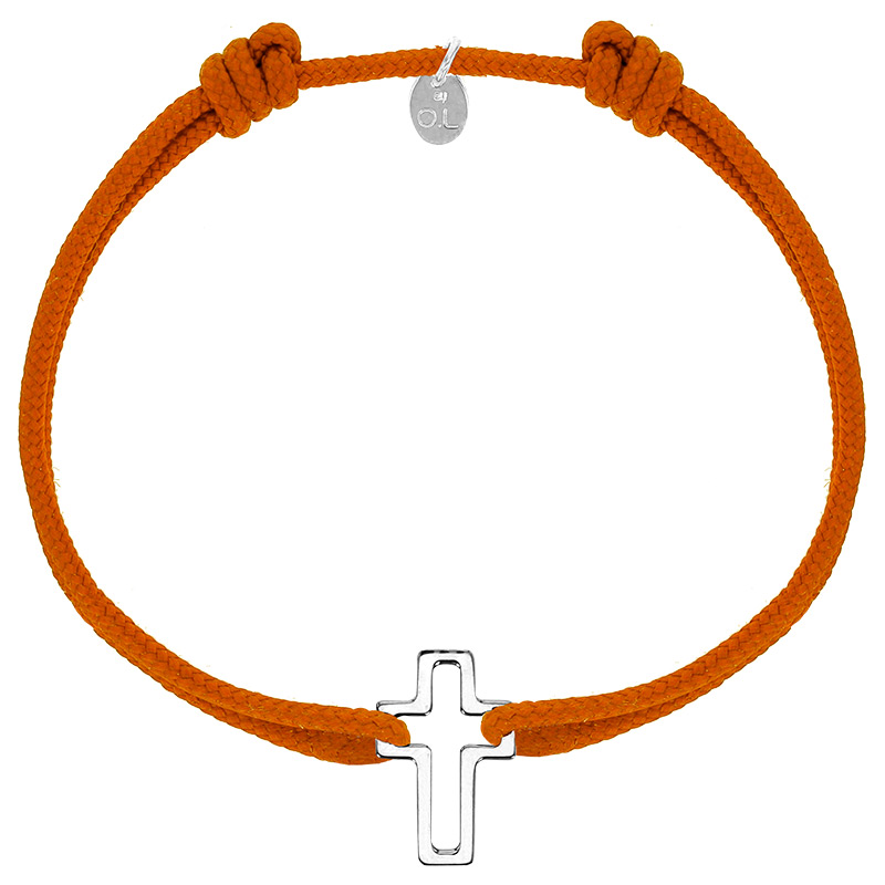 Bracelet réglable cordon orange, anneau St John en argent 925/1000 rhodié