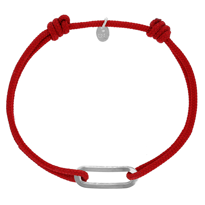 Bracelet réglable cordon rouge, anneau Figaro taille M en argent 925/1000 rhodié