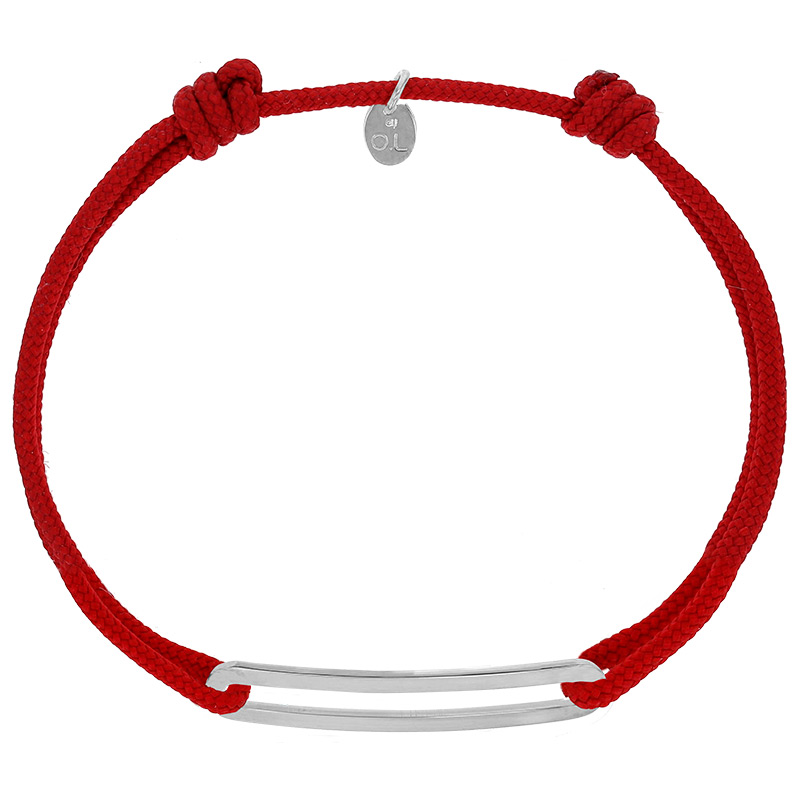 Bracelet réglable cordon rouge, anneau Figaro taille XL en argent 925/1000 rhodié