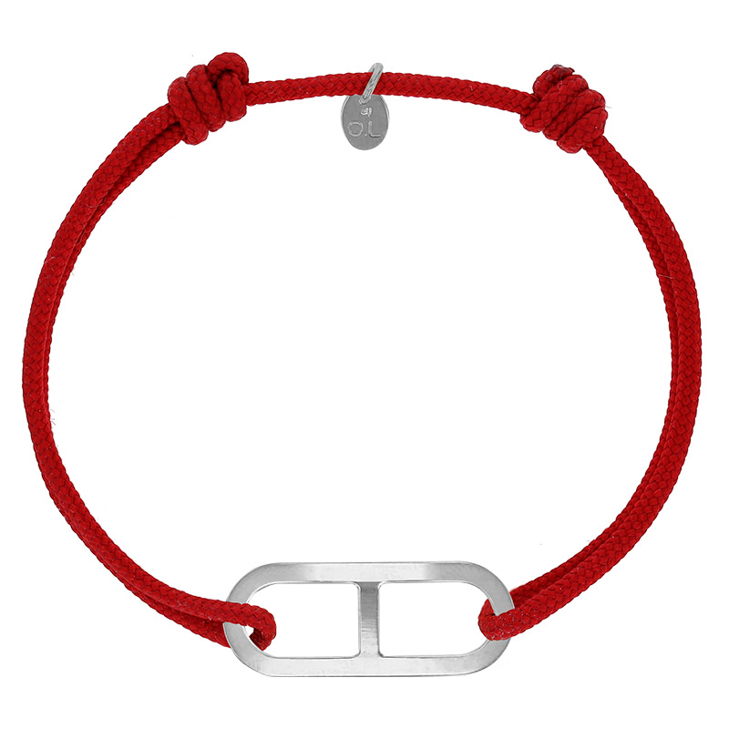 Bracelet réglable cordon rouge, anneau Gaby taille L en argent 925/1000 rhodié