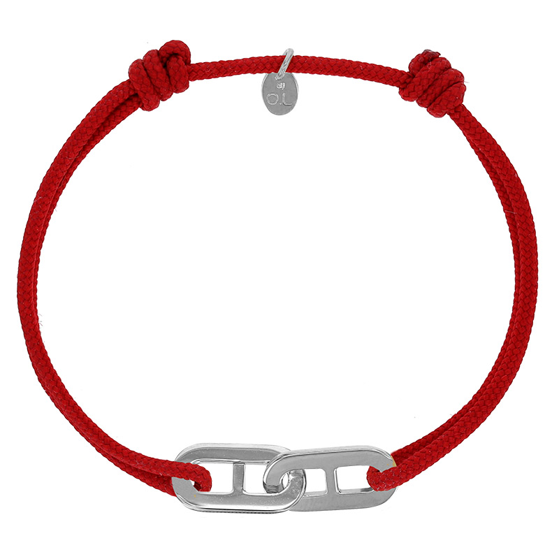 Bracelet réglable cordon rouge, anneau Mymy en argent 925/1000 rhodié