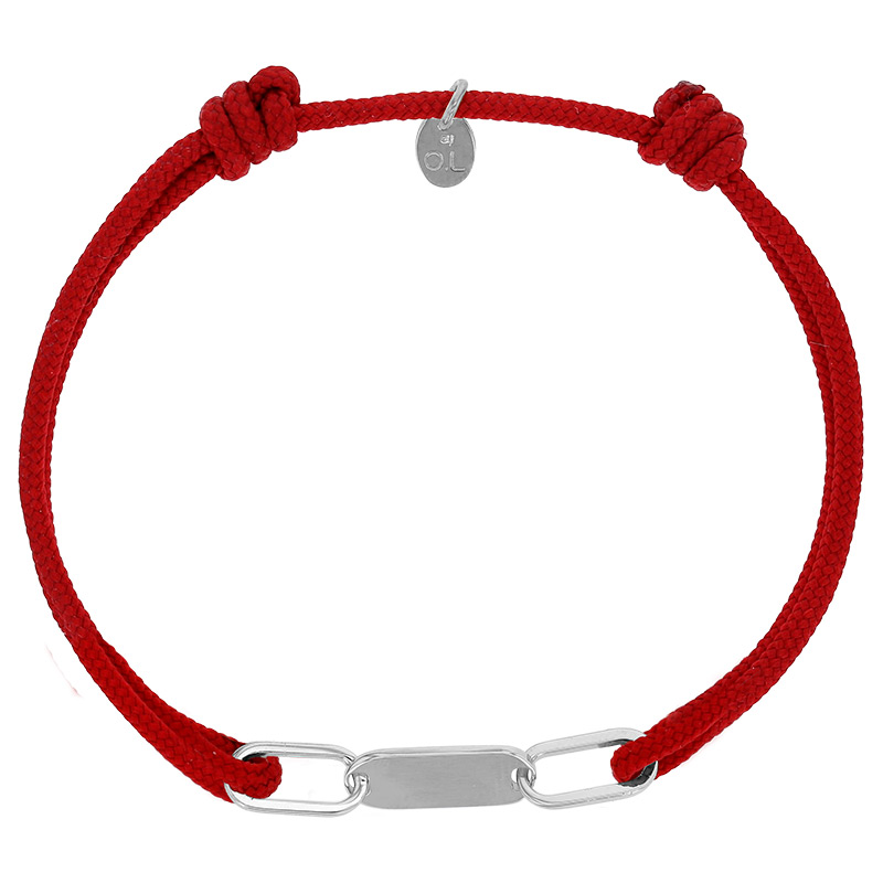 Bracelet réglable cordon rouge, anneau Sacha en argent 925/1000 rhodié