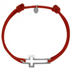 Bracelet réglable cordon rouge, anneau St James en argent 925/1000 rhodié