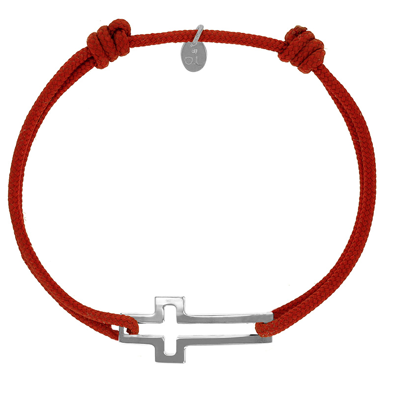 Bracelet réglable cordon rouge, anneau St James en argent 925/1000 rhodié