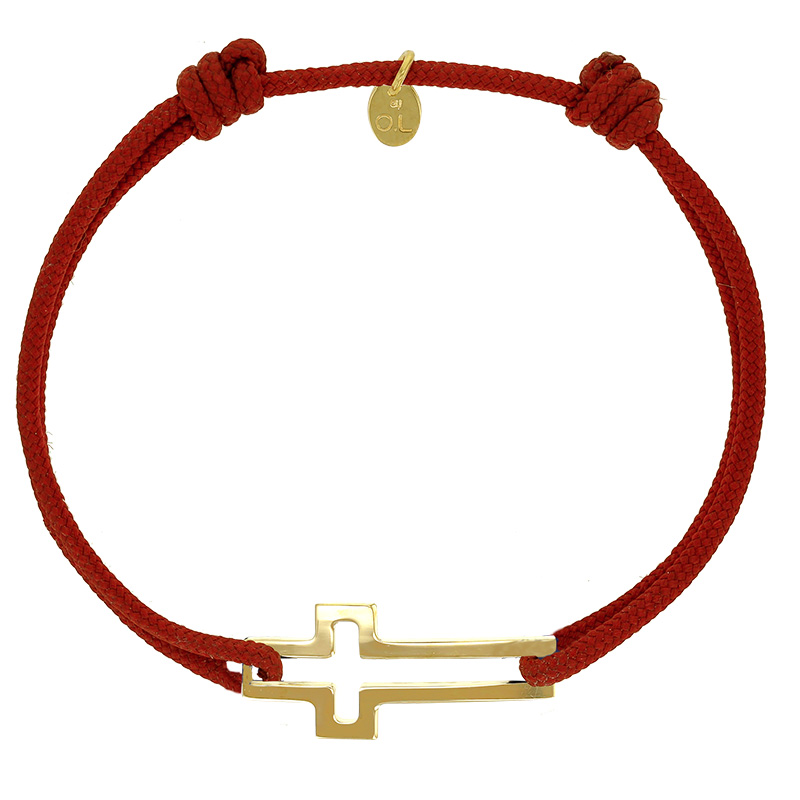Bracelet réglable cordon rouge, anneau St James en argent 925/1000 rhodié