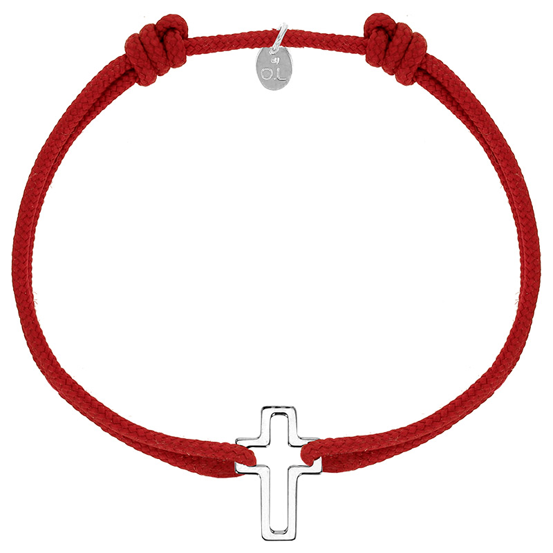 Bracelet réglable cordon rouge, anneau St John en argent 925/1000 rhodié