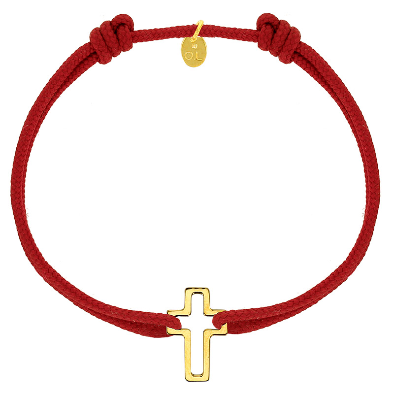 Bracelet réglable cordon rouge, anneau St John en argent 925/1000 rhodié