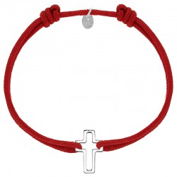 Bracelet réglable cordon rouge, anneau St John en argent 925/1000 rhodié