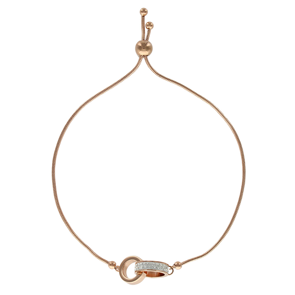 Bracelet réglable en acier doré rose avec 2 cercles entrelacés dont 1 avec des cristaux