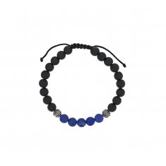 Bracelet réglable en argent rhodié 925/1000 avec cordon nylon noir, agate noire et lapis lazulli