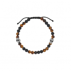 Bracelet réglable en Argent rhodié 925/1000 cordons nylon noir, agate noire et oeil de tigre