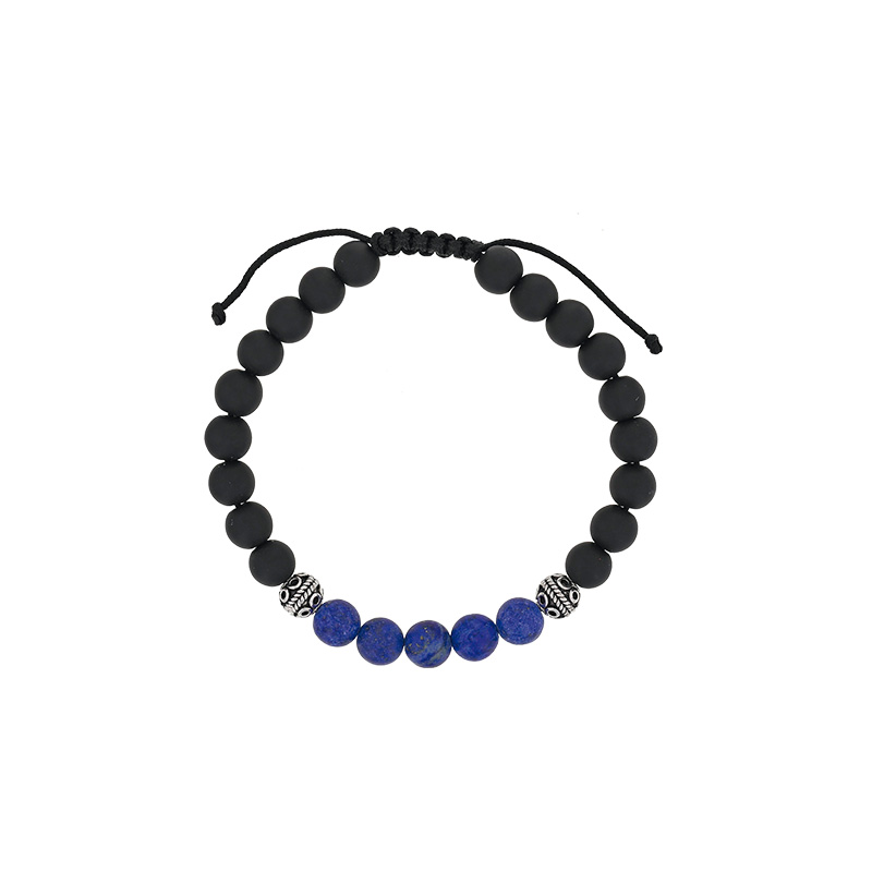 Bracelet réglable en argent rhodié 925/1000 avec cordon nylon noir, agate noire et lapis lazulli