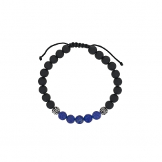 Bracelet réglable en argent rhodié 925/1000 avec cordon nylon noir, agate noire et lapis lazulli