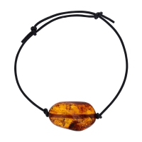 Bracelet réglable grand ambre cognac et cordon cuir de bovin