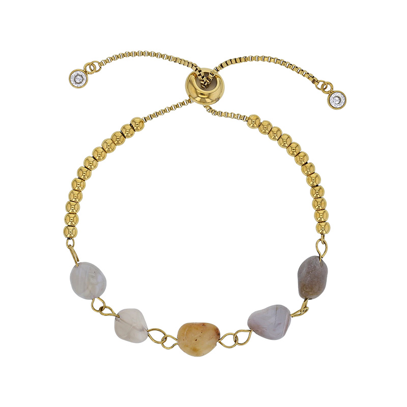 Bracelet réglable orné de perles en agate et oxydes, acier doré