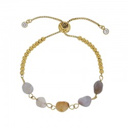 Bracelet réglable orné de perles en agate et oxydes, acier doré
