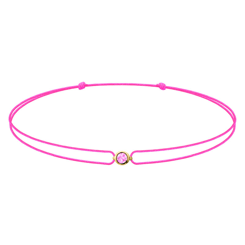 Bracelet réglable oxyde rose serti clos, cordon nylon rose fluo, Or 375/1000