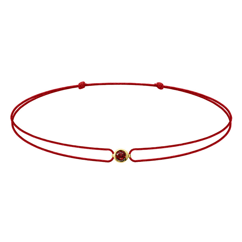 Bracelet réglable rhodolite sertie clos, cordon nylon rouge carmin, Or 375/1000