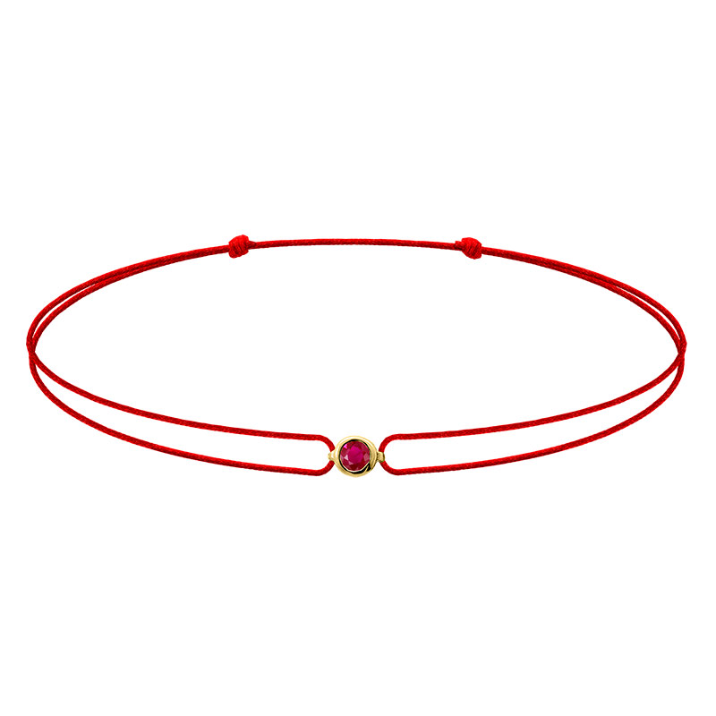 Bracelet réglable rubis diopside serti clos, cordon nylon réglable rouge, Or 375/1000