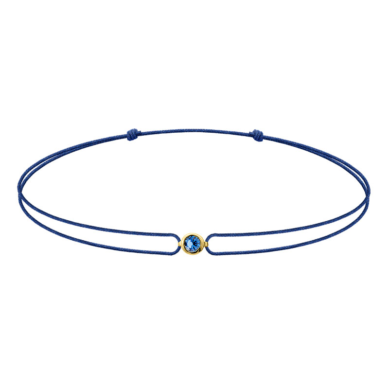 Bracelet réglable saphir synthétique serti clos, cordon nylon bleu marine, Or 375/1000