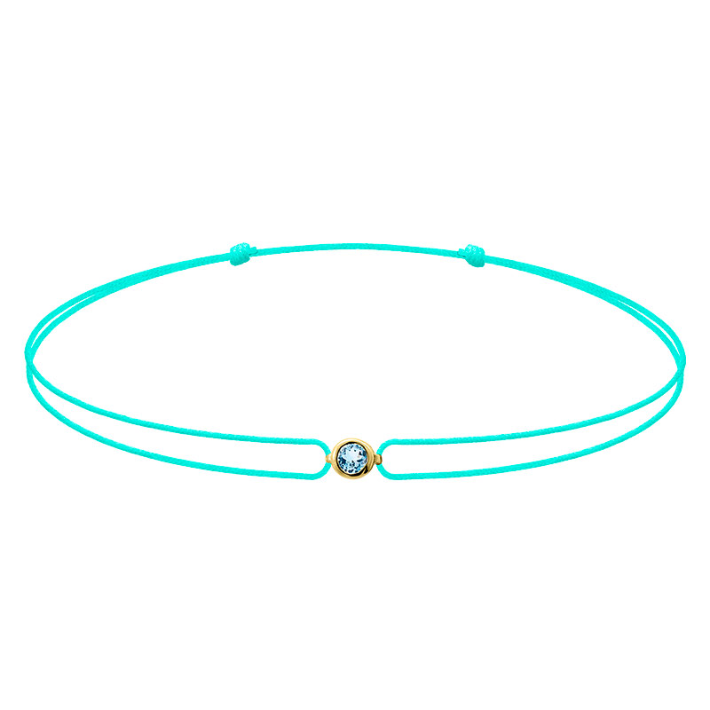 Bracelet réglable topaze sertie clos, cordon nylon turquoise, Or 375/1000