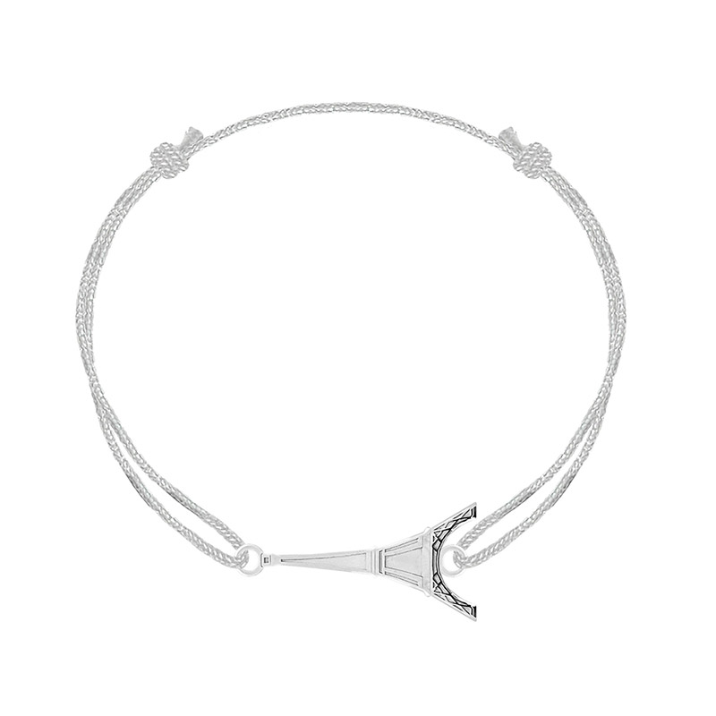 Bracelet réglable Tour Eiffel, cordon nylon blanc, argent 925/1000 platiné