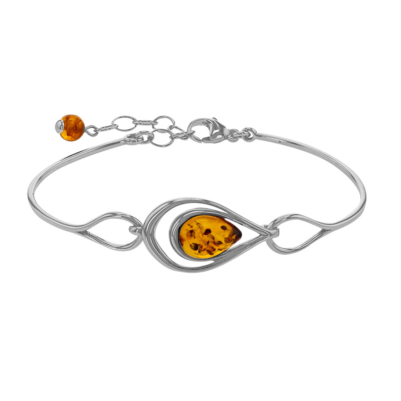 Bracelet rigide ambre cognac, argent 925/1000 rhodié