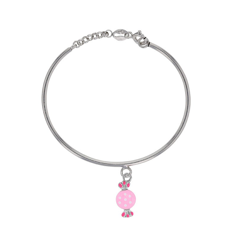 Bracelet rigide avec pampille bonbon en argent 925/1000 rhodié et émail rose