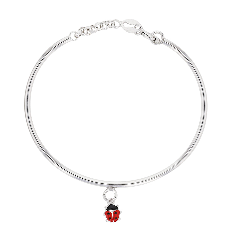 Bracelet rigide coccinelle en pampille, émaillé rouge, argent 925/1000 rhodié