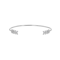 Bracelet rigide fil rond motifs feuilles avec oxydes, argent 925/1000 rhodié