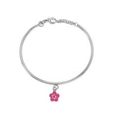 Bracelet rigide fleur, émail fuchsia, argent 925/1000 rhodié
