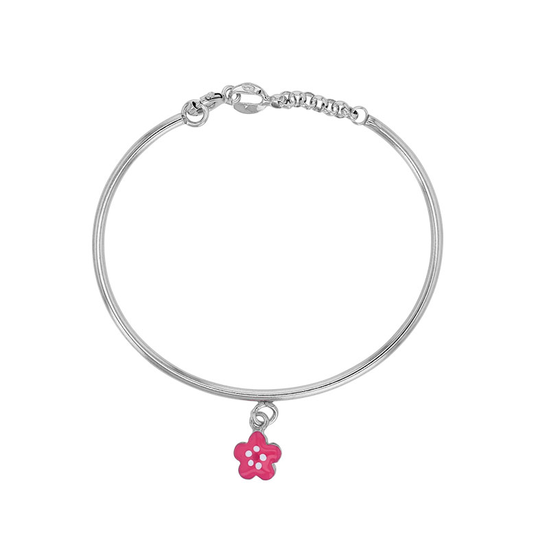Bracelet rigide fleur, émail fuchsia, argent 925/1000 rhodié
