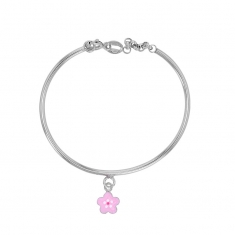 Bracelet rigide fleur, émail rose clair, argent 925/1000 rhodié