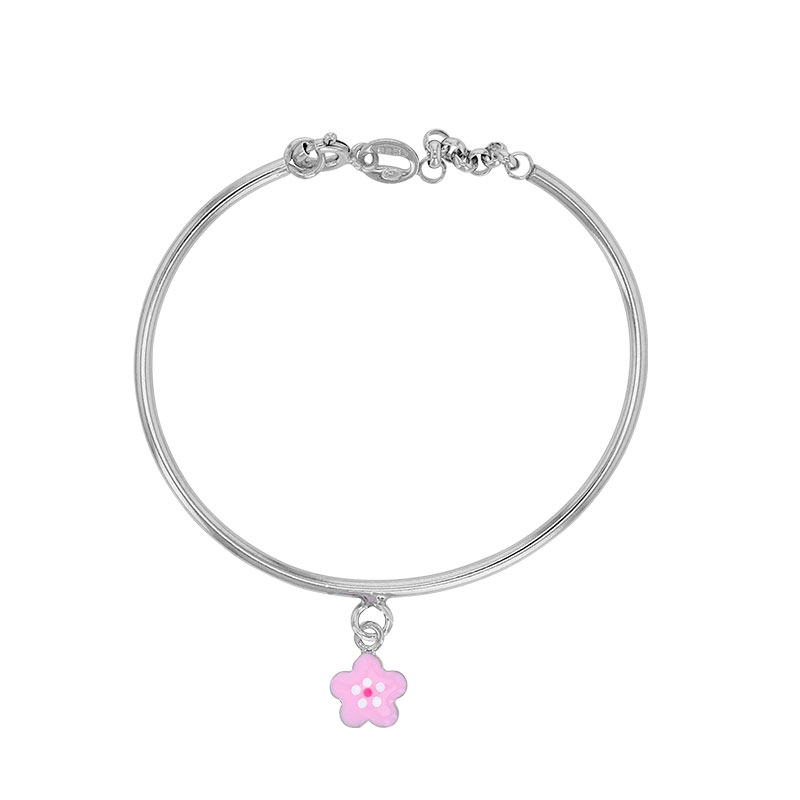 Bracelet rigide fleur, émail rose clair, argent 925/1000 rhodié