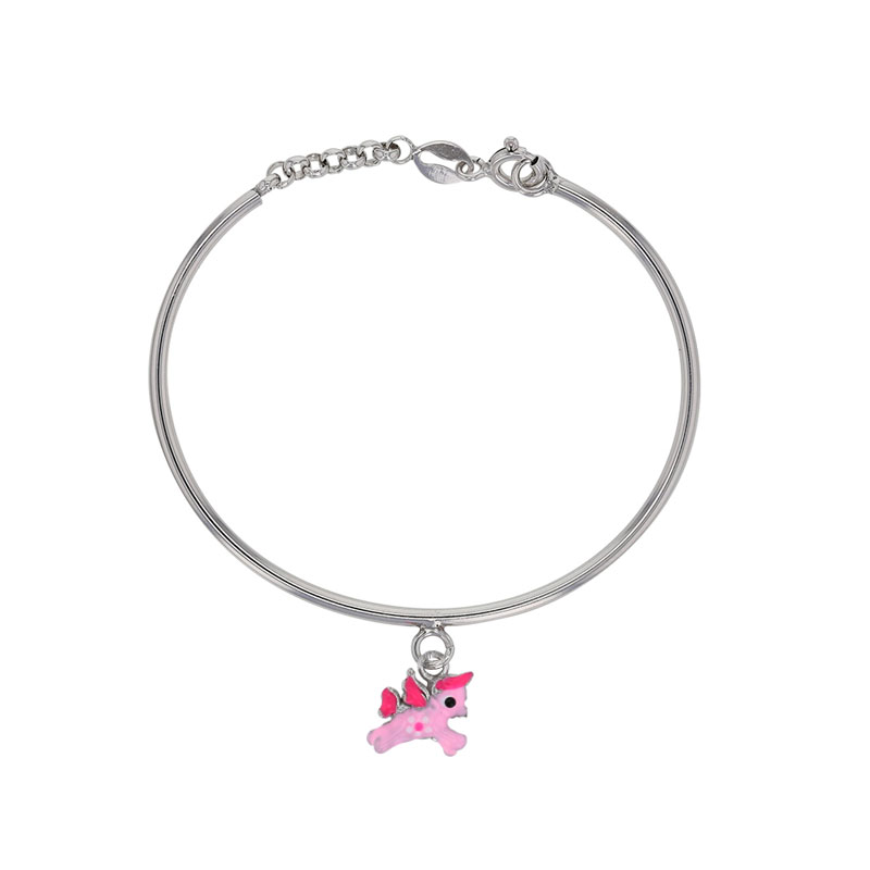 Bracelet rigide licorne, émaillée rose en Argent 925/1000 rhodié