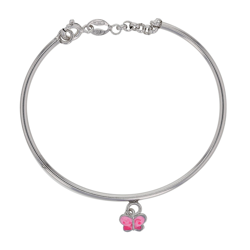 Bracelet rigide pampille papillon en Argent 925/1000 rhodié et émail rose