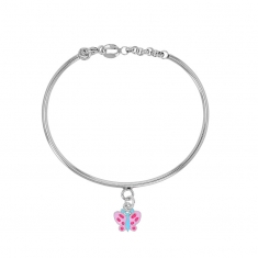 Bracelet rigide papillon émaillé rose, argent 925/1000 rhodié