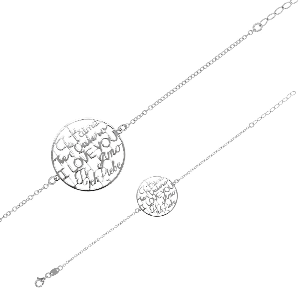 Bracelet rond ajouré avec inscriptions I love you en Argent rhodié 925/1000